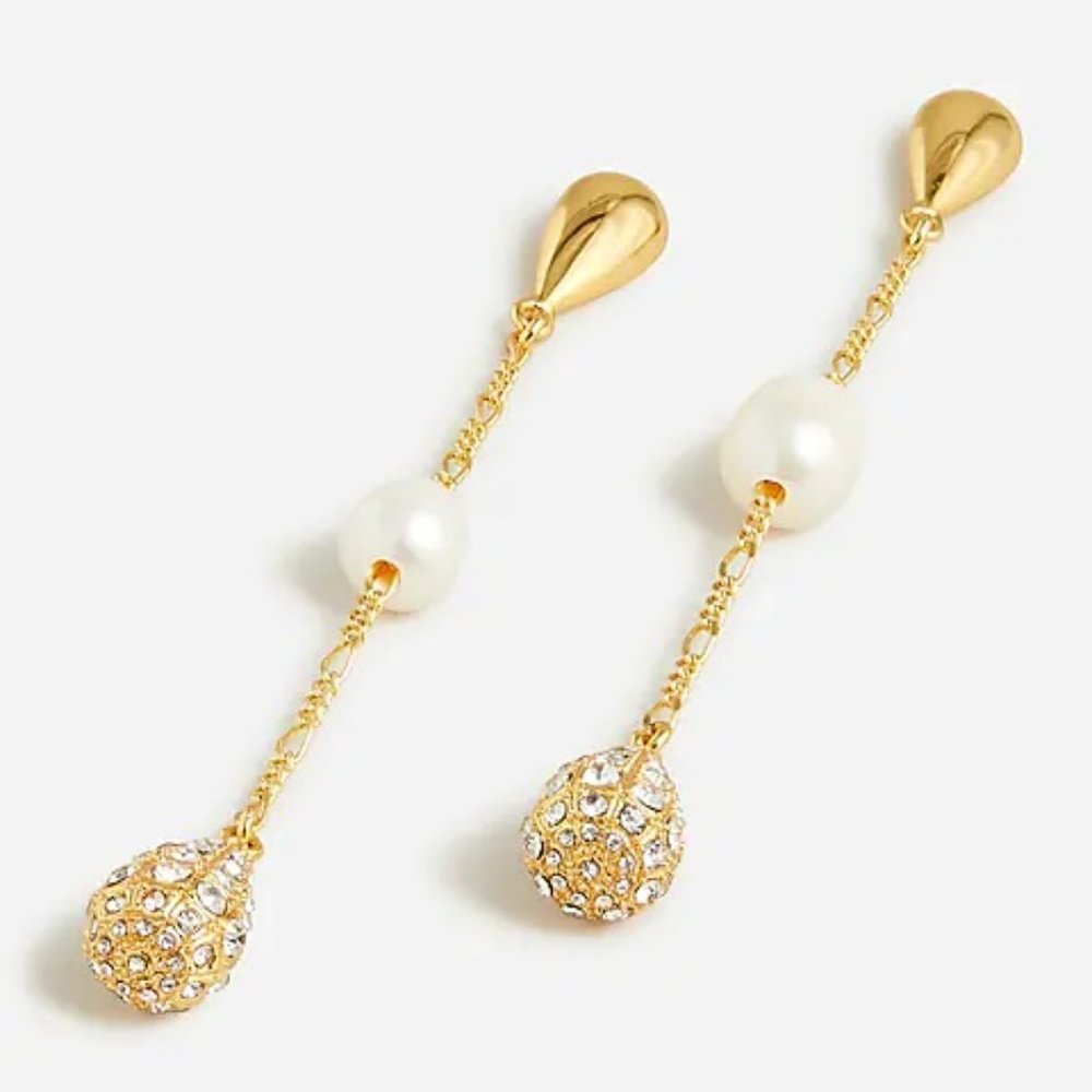NEW J Crew Freshwater Pearl Pearl & Pavé Crystal Waterfall Earrings/ Gold Plated